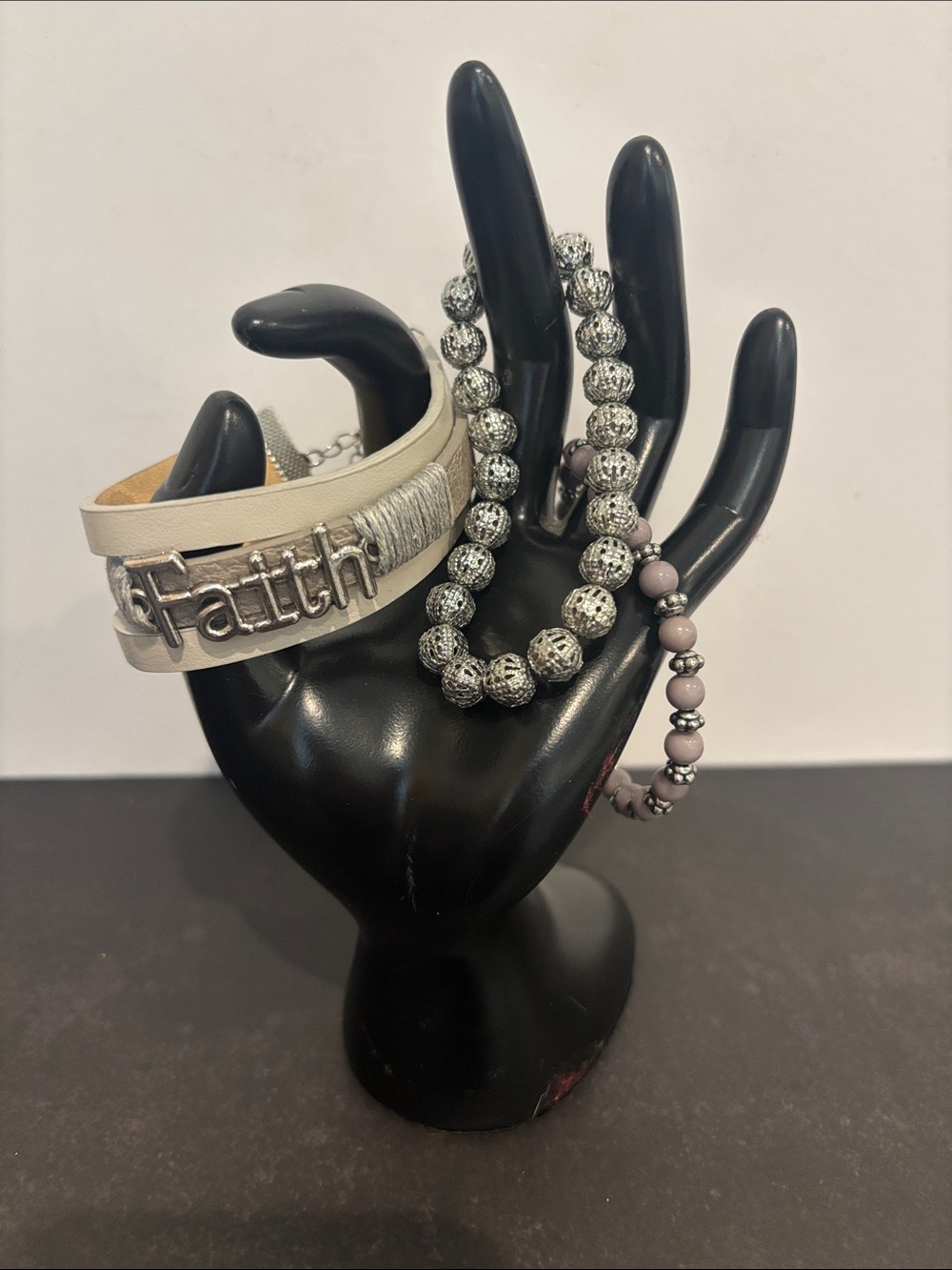 Faith Leather Wrap Bracelet with Silver Beads and Stretch Bracelet Set